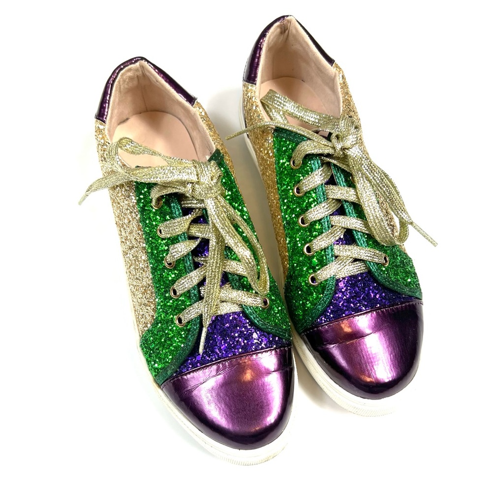 Glitter Lace-Up Sneakers in Green, Purple & Gold